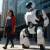 AI, robot spaceruje po mieście
