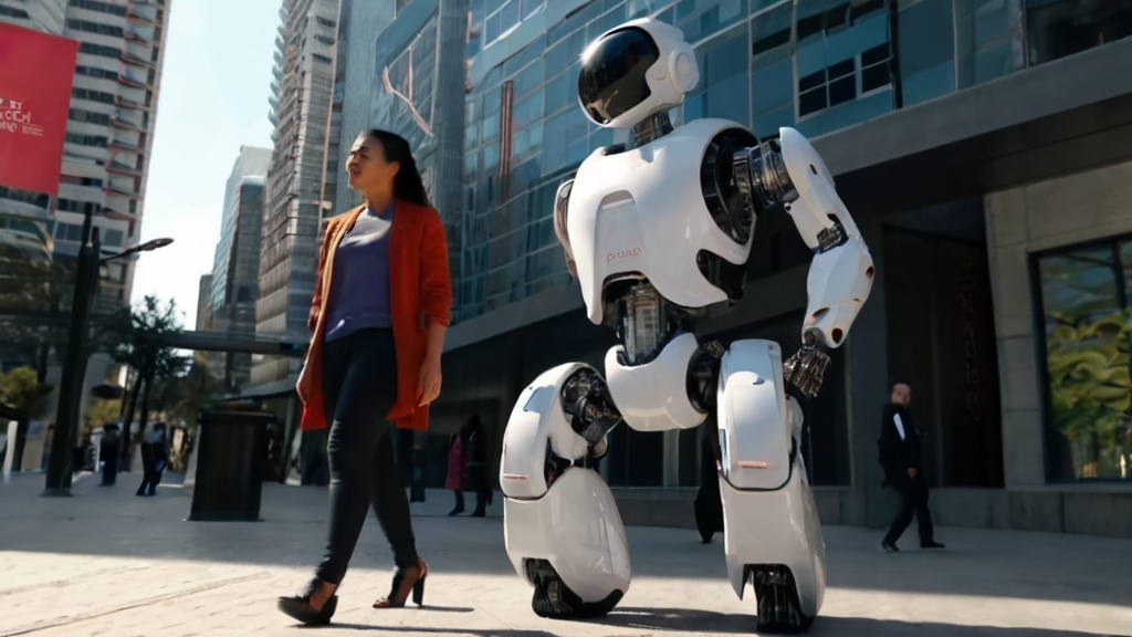 AI, robot spaceruje po mieście
