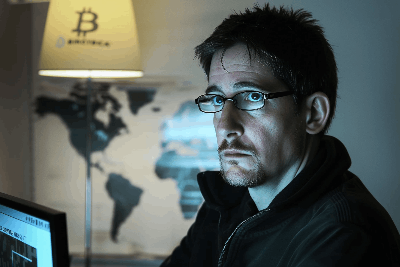 edward snowden siedzący przed komputerem, za jego plecami mapa świata i lampa z logo bitcoin