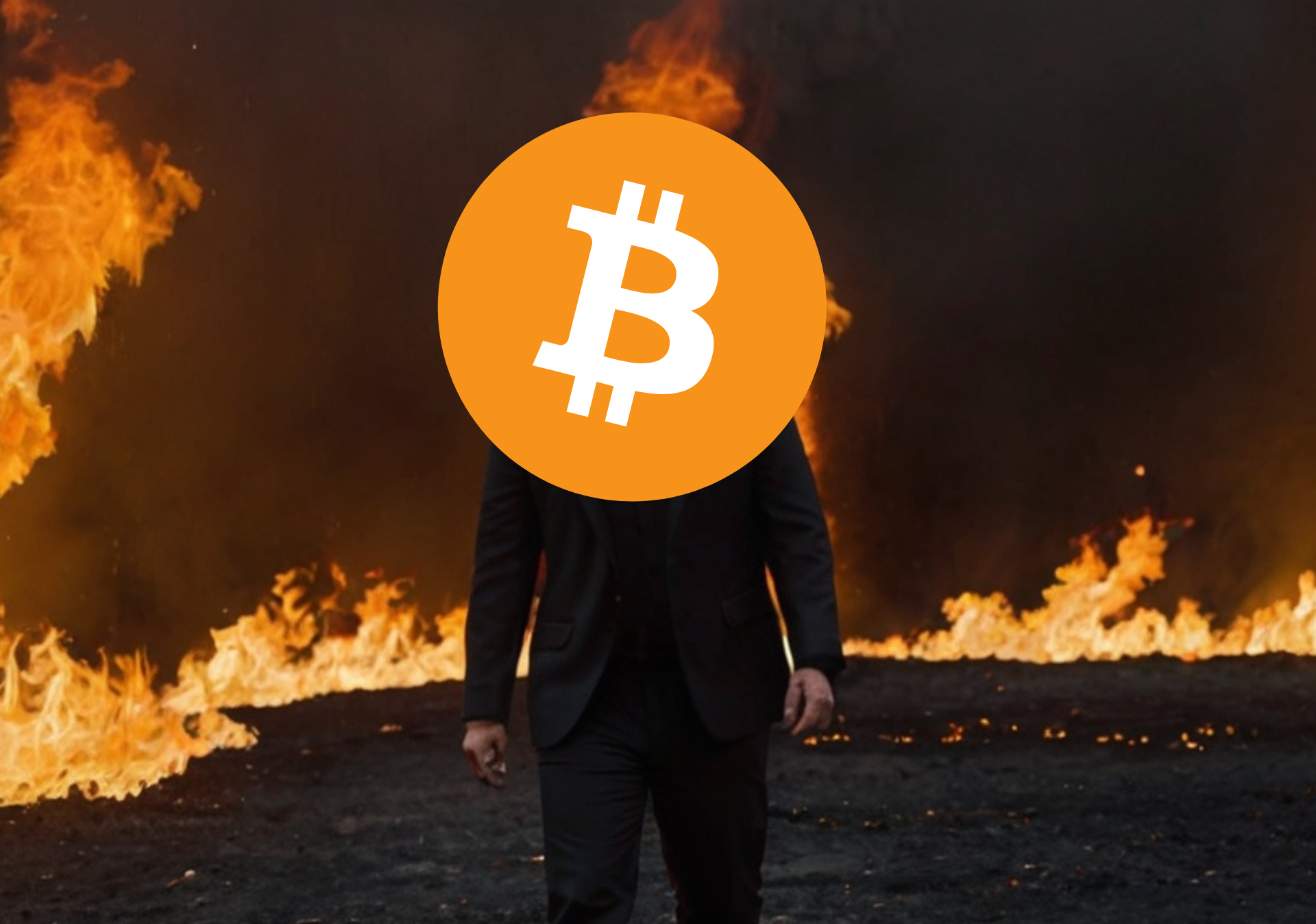 Bitcoin, postać w czarnym garniturze wychodząca z płomieni