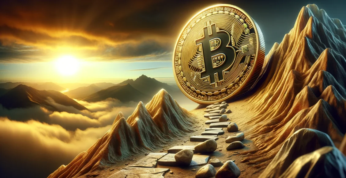 Moneta Bitcoin na szczycie góry podczas wschodu słońca
