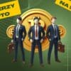 Trzech mężczyzn w garniturach, zielone tło, Bitcoin