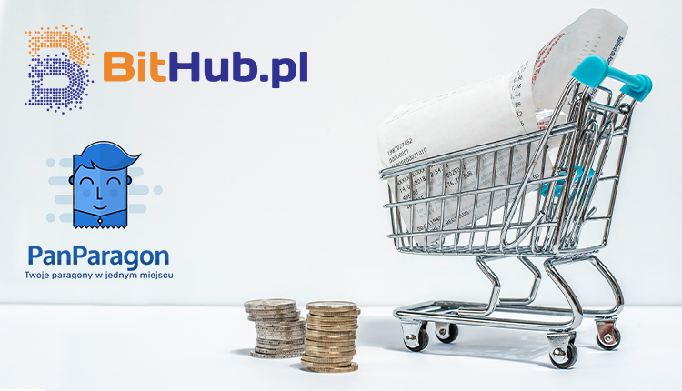 Koszyk zakupowy, monety na białym tle, oraz logo aplikacji PanParagon oraz portalu BitHub.pl