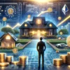 Krypto milioner w garniturze stojący przed luksusową willą. W tle kryptowaluty i blockchain