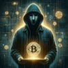 Twórca Bitcoina Satoshi Nakamoto jako zakapturzona postać w masce trzymająca Bitcoina
