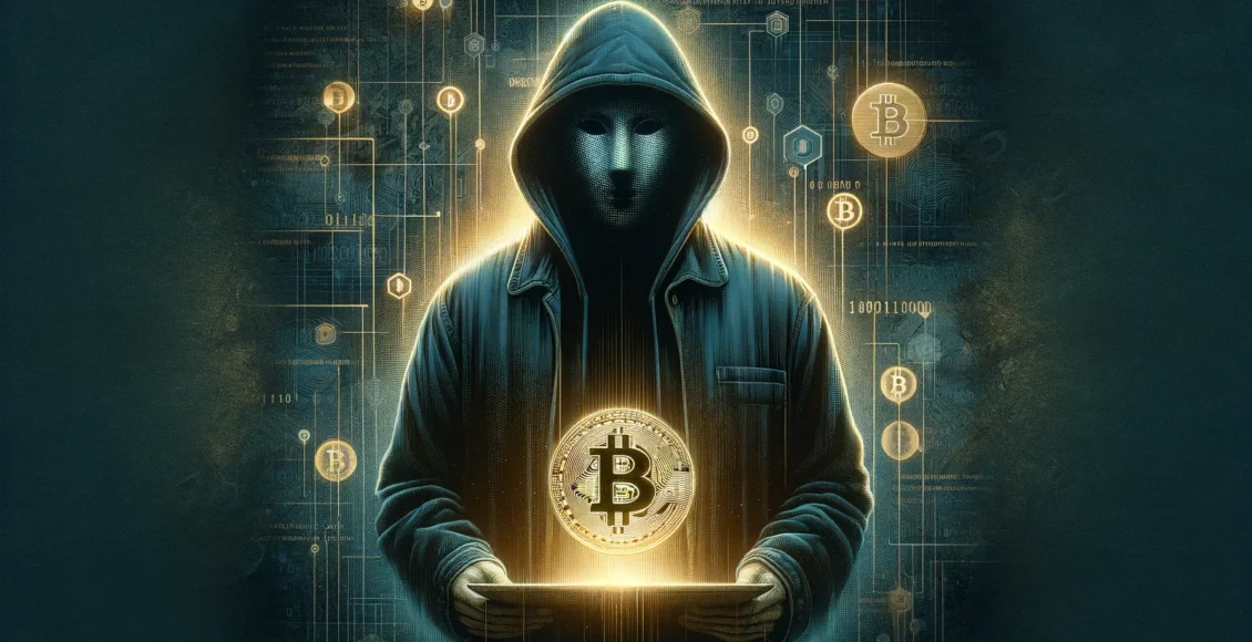 Twórca Bitcoina Satoshi Nakamoto jako zakapturzona postać w masce trzymająca Bitcoina