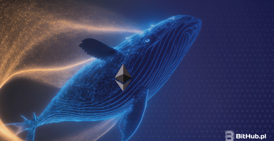 Wieloryb Ethereum płynący do góry, za nim unosi się złoty pył. Zwierzę jest niebieskie