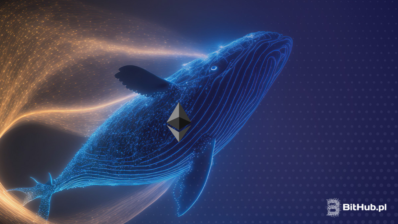 Wieloryb Ethereum płynący do góry, za nim unosi się złoty pył. Zwierzę jest niebieskie
