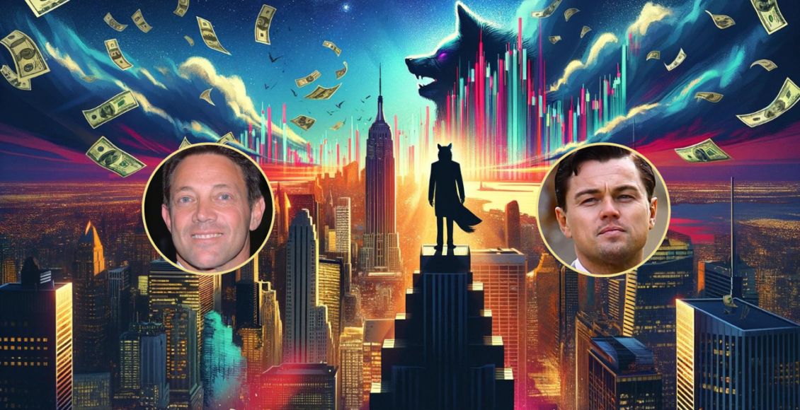 Grafika przedstawiająca Jordana Belforta oraz Leonardo DiCaprio jako "Wilka z Wallstreet" stojącego nad panoramą Nowego Jorku
