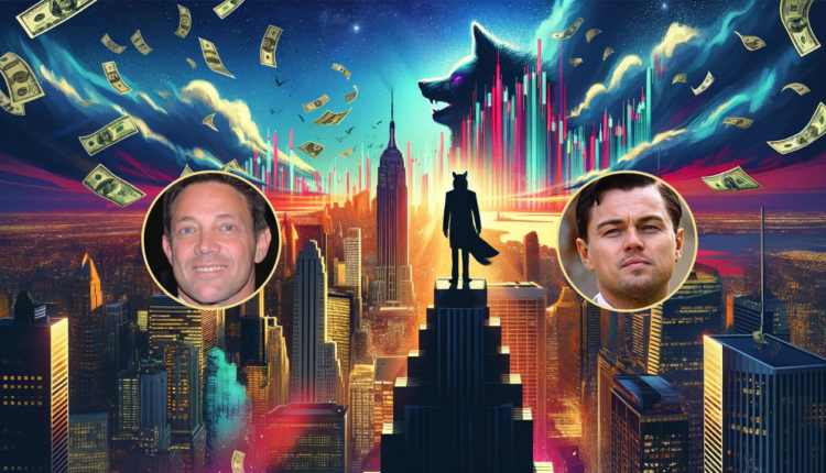 Grafika przedstawiająca Jordana Belforta oraz Leonardo DiCaprio jako "Wilka z Wallstreet" stojącego nad panoramą Nowego Jorku