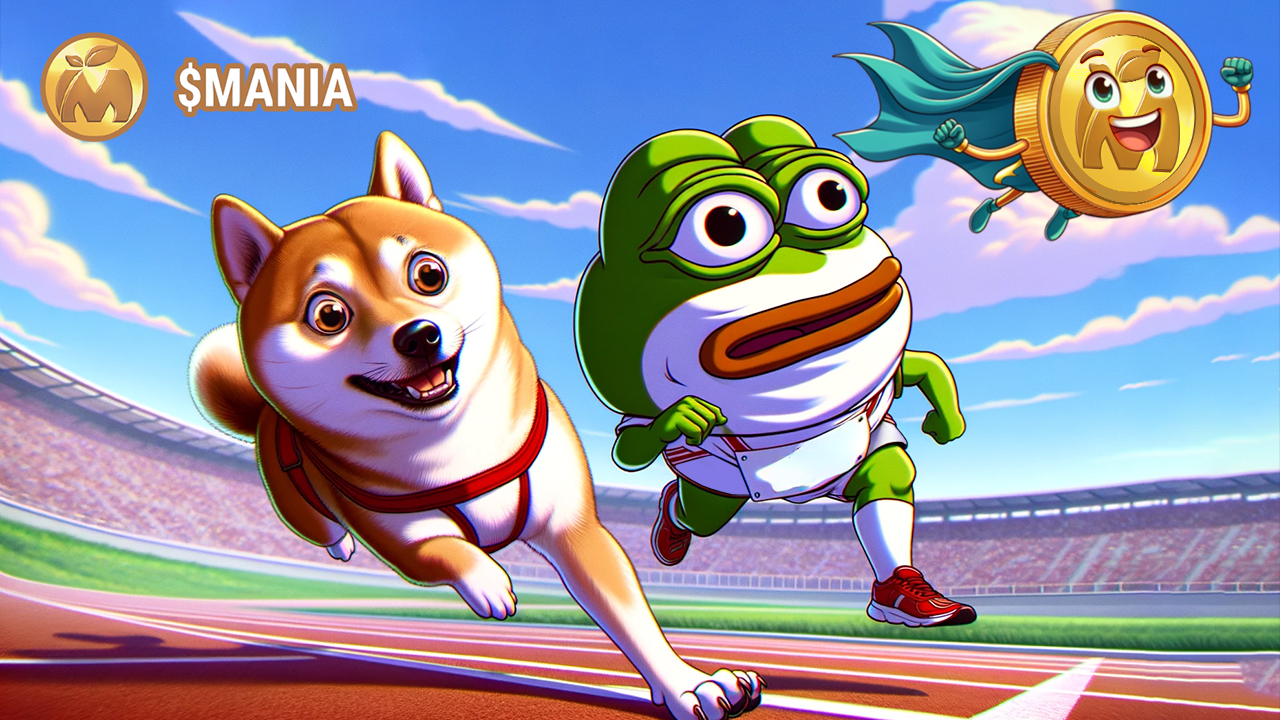 Shiba Inu i Pepe ścigają się na bieżni, logo scapesmania