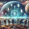 Astronauci z tabletami w rękach, w tle planeta i symbole dolara