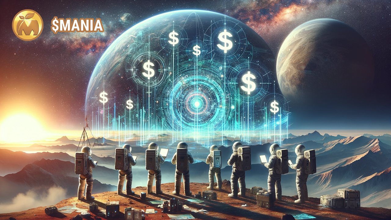Astronauci z tabletami w rękach, w tle planeta i symbole dolara