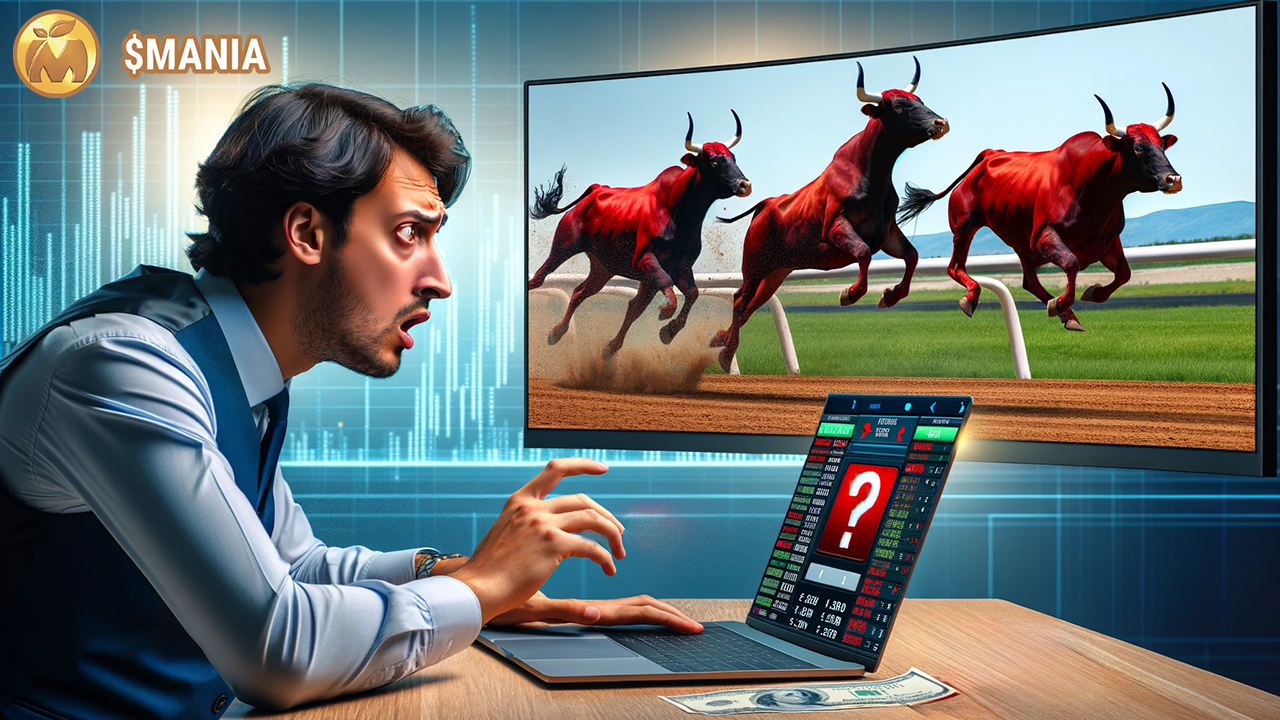 Trader obserwujący wyścig byków, na biurku stoi laptop wyświetlający wykresy giełdowe