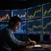 trader analizujący raporty w ciemnym pomieszczeniu, w tle wykresy giełdowe