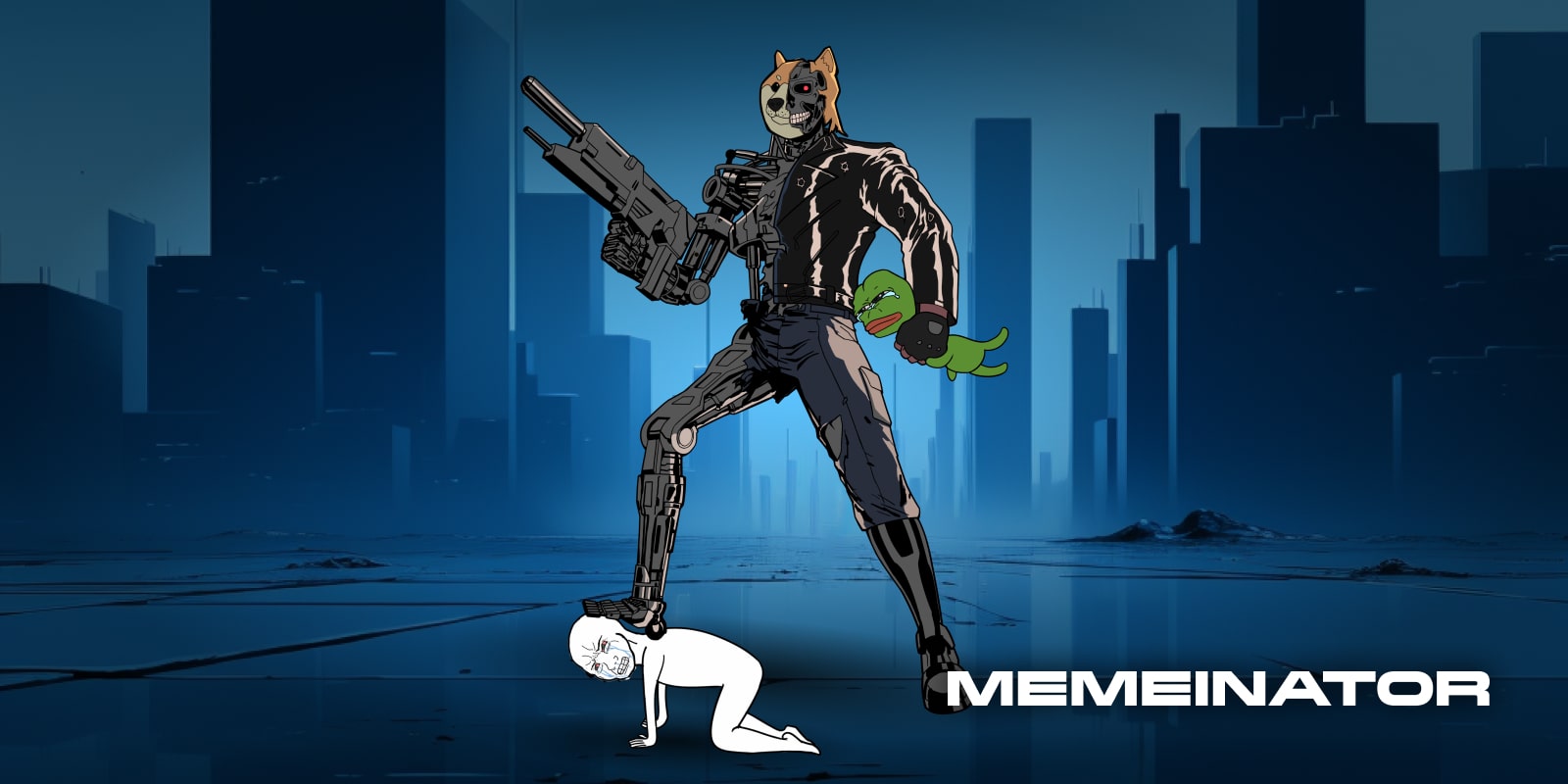 Terminator z twarzą psa depcze postać rysunkową i dusi żabę Pepe