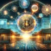 Dwa banki nad którymi unosi się cyfrowy Bitcoin oraz bazy danych