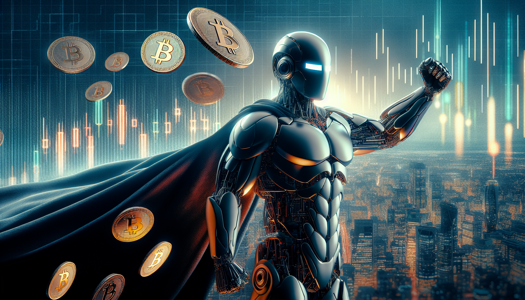 superbohater, w tle miasto i Bitcoiny