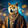 Shiba Inu ze złotym łańcuchem na szyi, w tle wykresy i Bitcoin