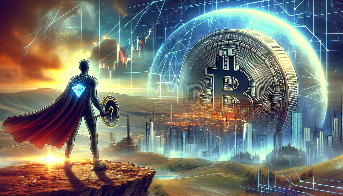 Superbohater stojący na szczycie, patrzący na miasto i Bitcoina