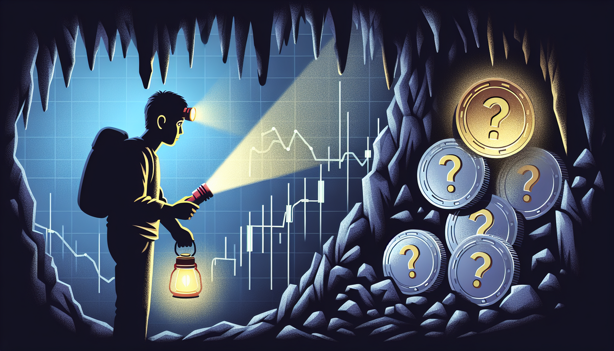 Górnik z latarką w ręku, w jaskini, obserwuje monety ze znakiem zapytania