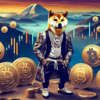 Piesek z ludzkim tułowiem stojący na górze, w tle Bitcoiny
