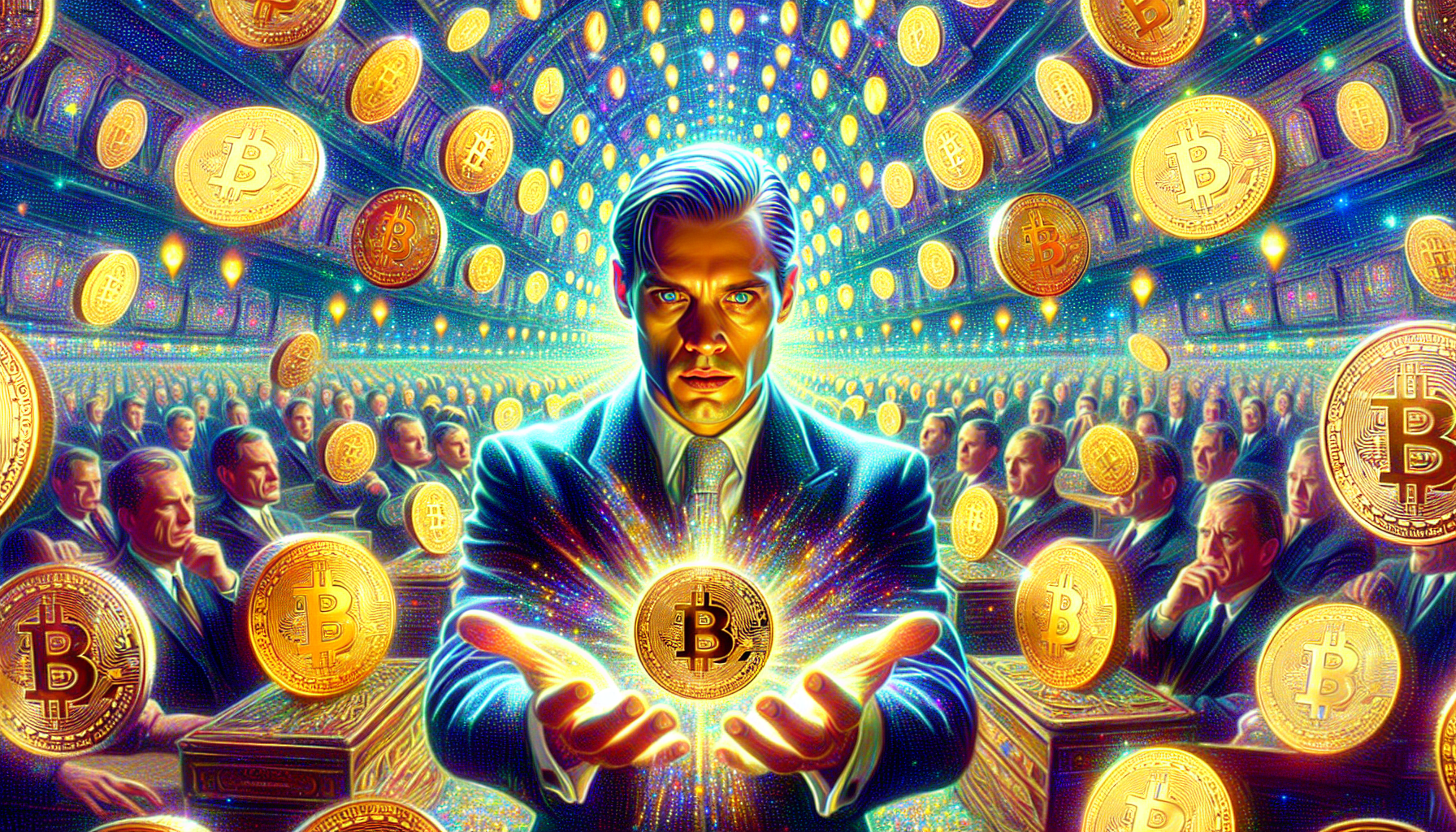 Mężczyzna trzymający w dłoniach Bitcoina, obserwowany przez tłum. W tle monety BTC