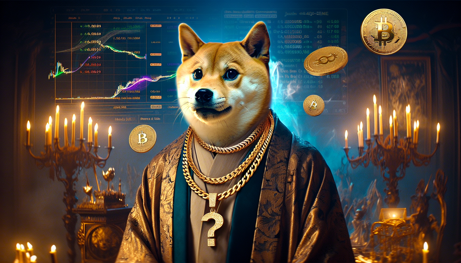 Shiba Inu ze złotym łańcuchem na szyi, w tle wykresy i Bitcoin