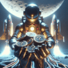 Astronauta stojący na księżycu trzymający do kamery w ręku kryptowaluty