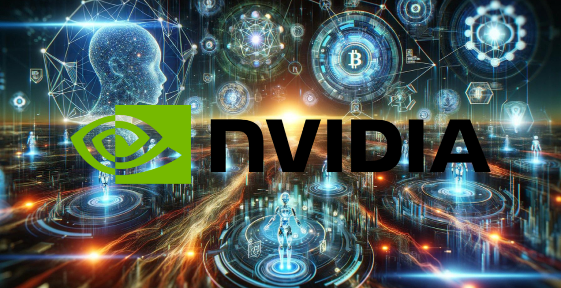 Logo NVIDIA na tle cyfrowej, futurystycznej grafiki pokazujące różne symbole technologii blockchain i sztucznej inteligencji