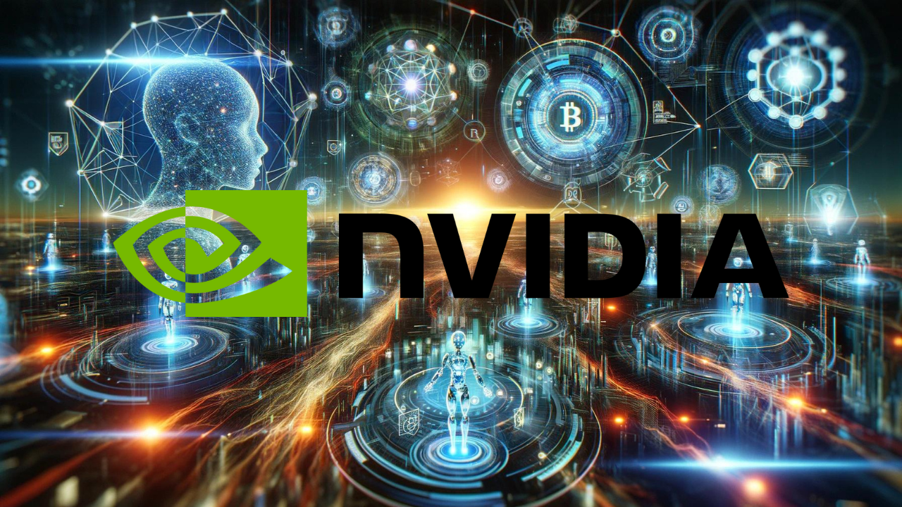 Logo NVIDIA na tle cyfrowej, futurystycznej grafiki pokazujące różne symbole technologii blockchain i sztucznej inteligencji