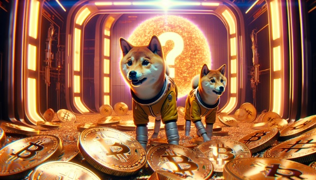 Pieski Shiba Inu chodzące po złotych monetach BTC