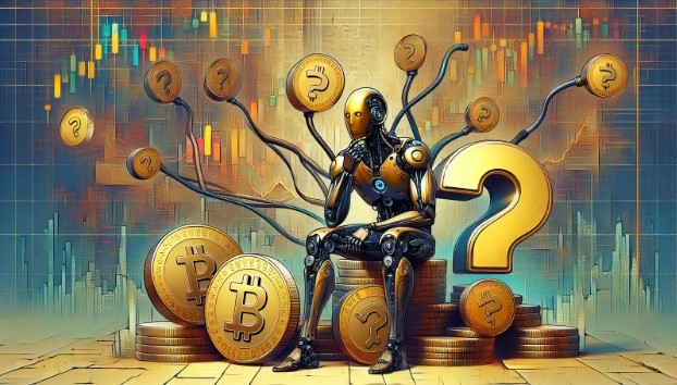 Rozmyślający cyborg siedzący na monetach. Kryptowaluty rosnące na drzewie