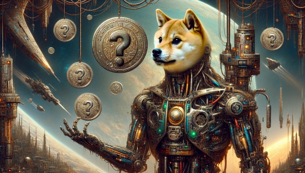 Robot z głową psa obserwuje monety ze znakiem zapytania