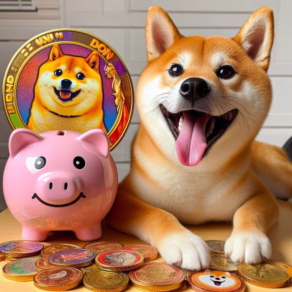 Pies Shiba Inu, świnka skarbonka, monety