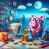 Świnka biznesmen licząca Bitcoiny, wykresy giełdowe w tle oraz panorama miasta
