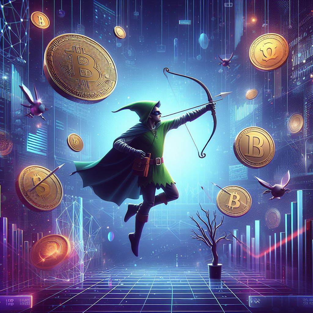 Robin Hood trzymający łuk w locie, wokół wykresy i Bitcoiny