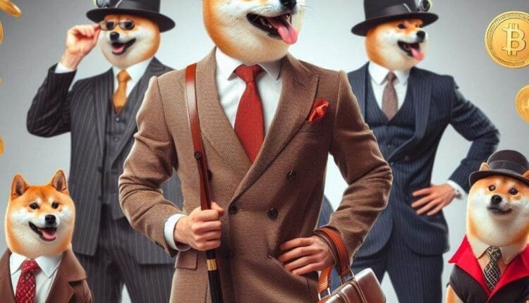 Mężczyźni w garniturach z głowami psa. W tle złote monety