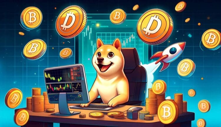 Pieseł siedzi przy biurku o obserwuje kursy giełdowe. W tle monety BTC i DOGE