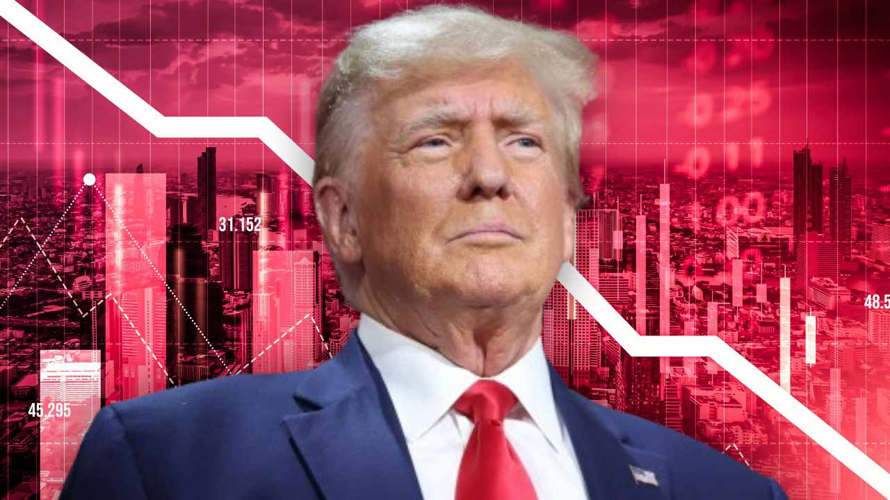 Twarz Trumpa na tle czerwonego, spadającego wykresu cen