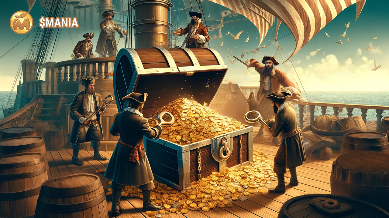 statek piratów, na środku statku wielka skrzyznia ze złotem
