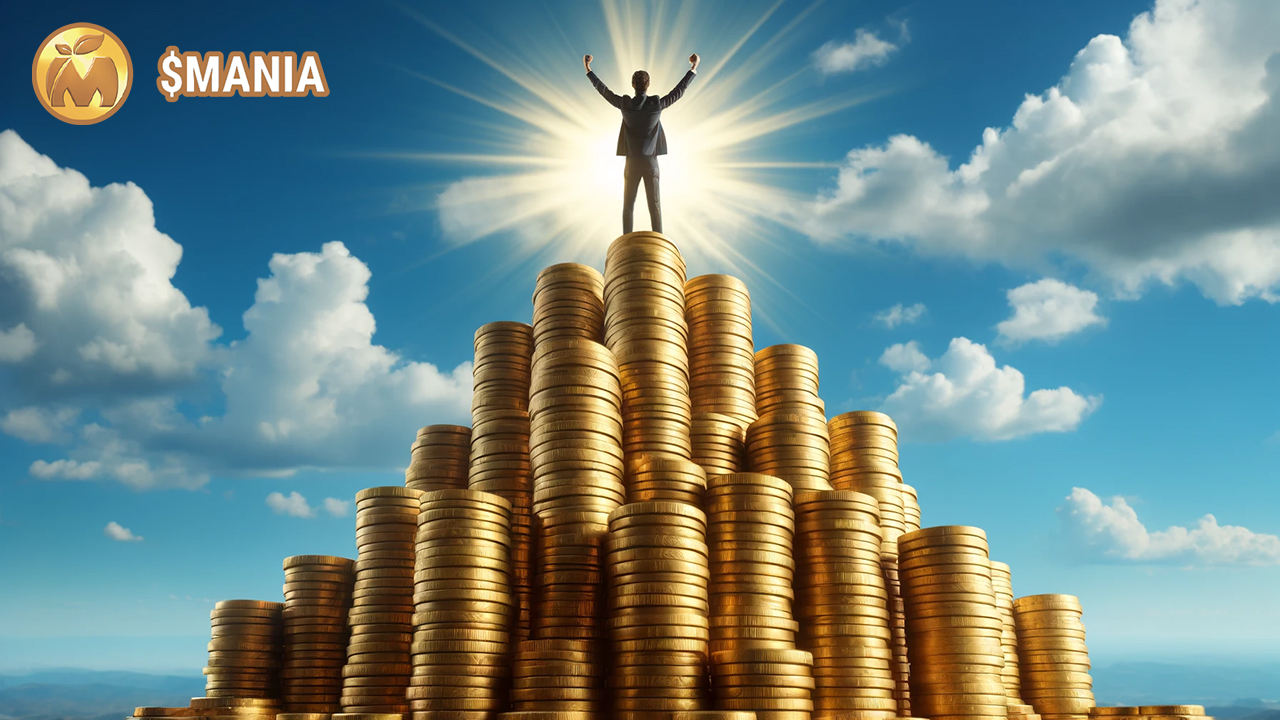 Człowiek stojący na piramidzie z monet, w tle słońce i błękitne niego