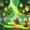 Las z drzewami, na których rosną monety z symbolem dolara, logo ScapesMania