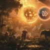 Bitcoin i Algotech, w tle dżungla i zwierzęta.