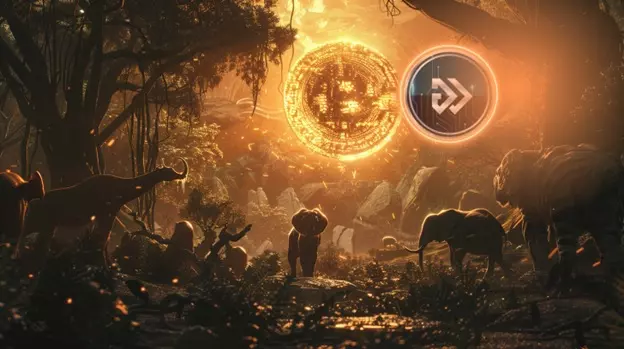 Bitcoin i Algotech, w tle dżungla i zwierzęta.