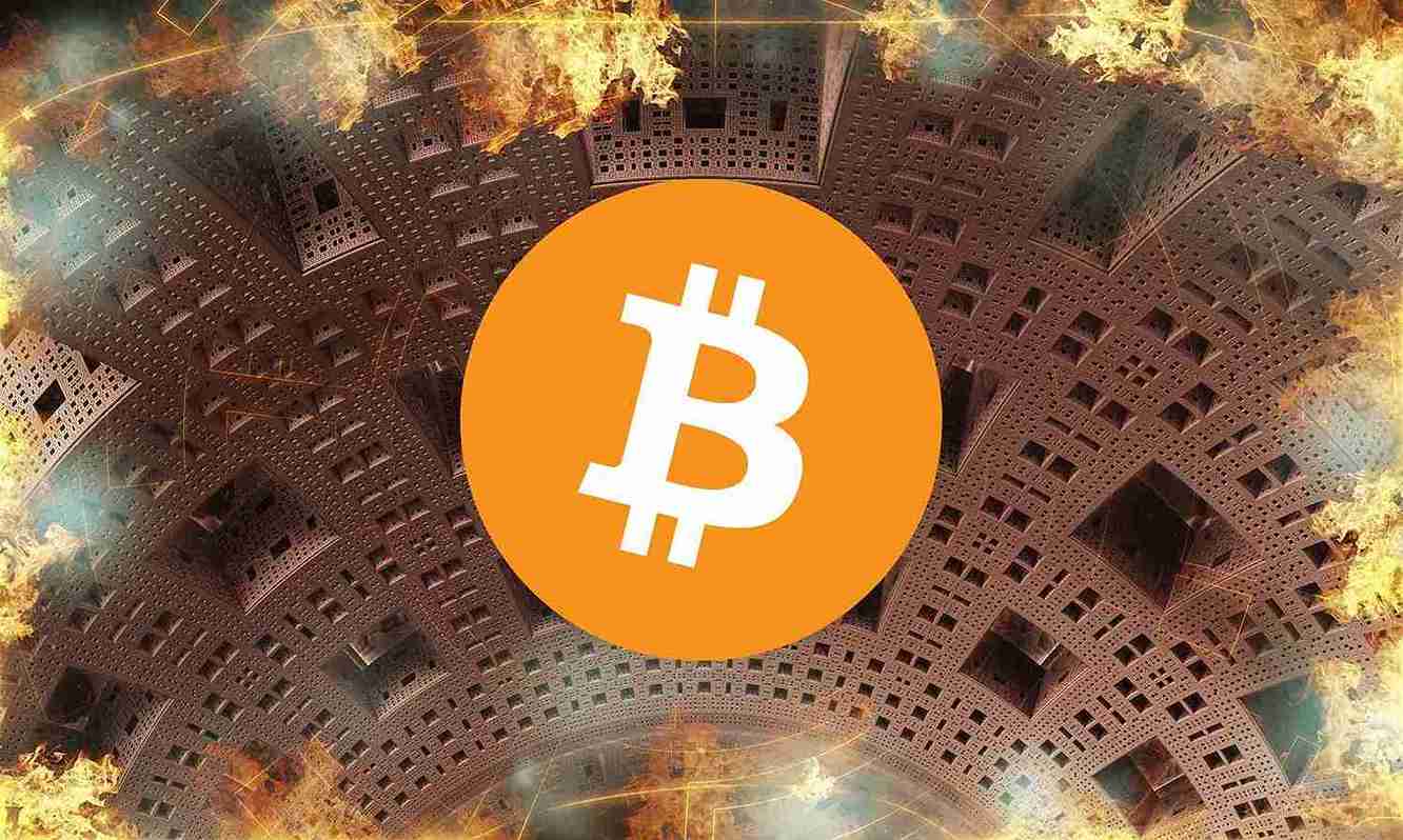 Bitcoin w płonącym budynku.