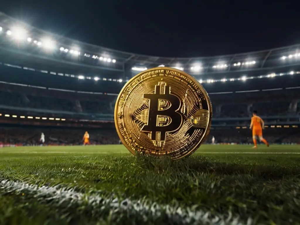 Bitcoin stojący na stadionie. W tle piłkarze rozgrywają mecz.