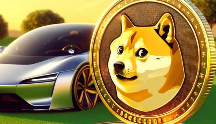 Złota moneta DOGE, w tle supersamochód na trawniku.