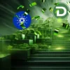 Logo DTX, schody, zielone tło, banknoty w tle.