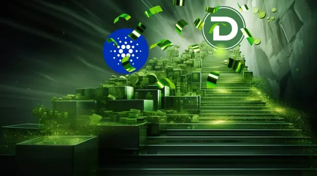 Logo DTX, schody, zielone tło, banknoty w tle.